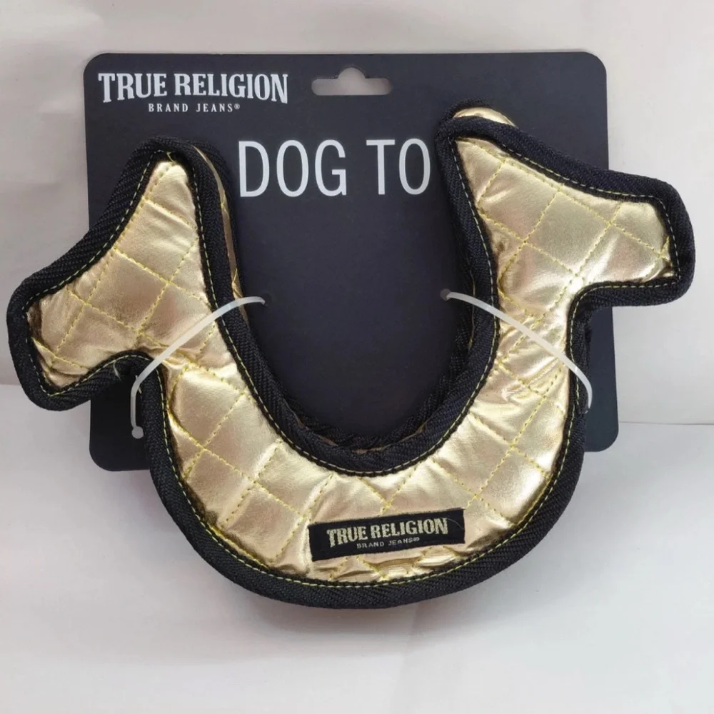 True Religion Horseshoe Logo Large Dog Toy New With Tags 11” W 8” H Gold Black
